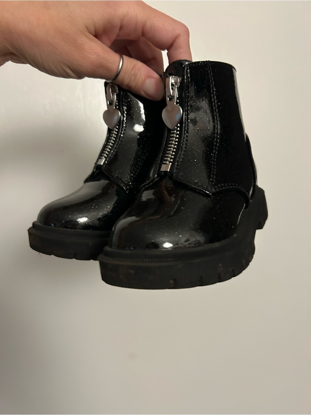 Toddler Girls Black Glitter Patent Zip Ankle Boots